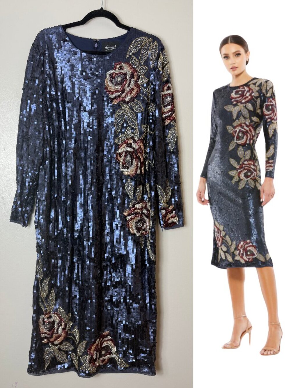 Mac Duggal Dress 16 Blue Sequin Red Gold Floral Beaded Wedding Guest Evening